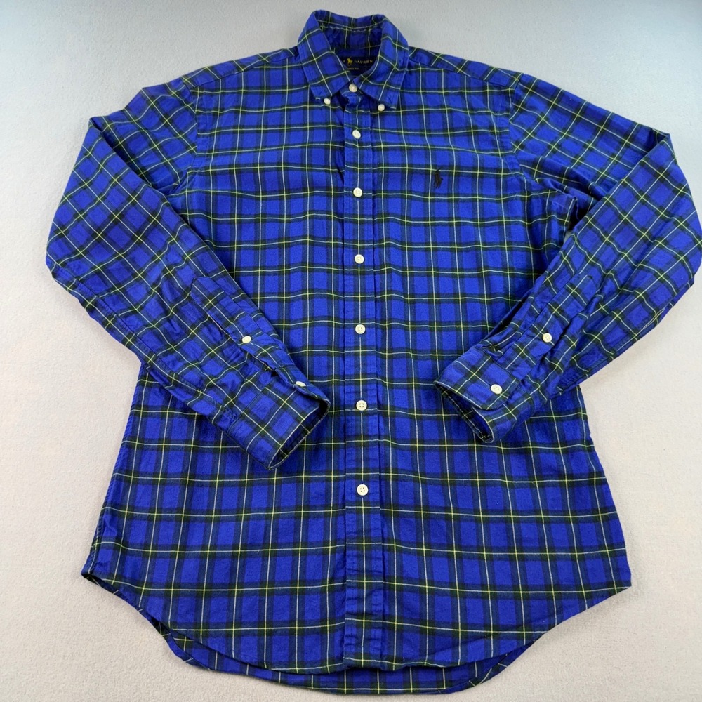 Ralph Lauren Custom Fit Flannel Button Down Mens Blue Plaid Small